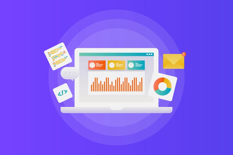 Illustration of a laptop with a dashboard containing marketing and business data.